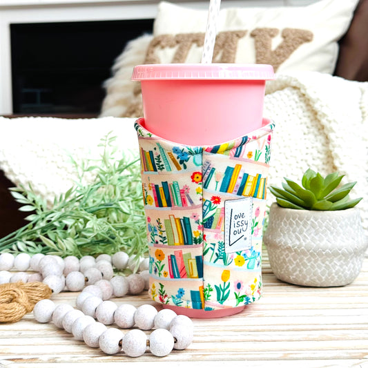 Spring bookshelf iced coffee cozy handmade reusable cup sleeve