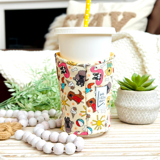 summer dogs iced coffee cozy handmade reusable cup sleeve
