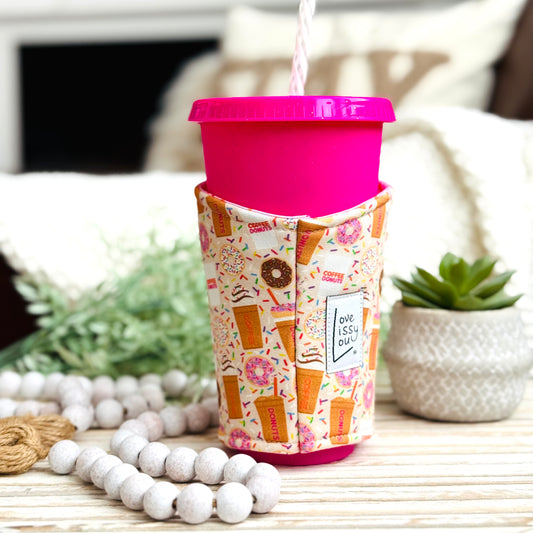 coffee and donuts iced coffee cozy handmade reusable cup sleeve