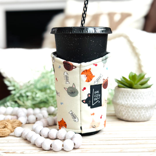 cats and snacks iced coffee cozy handmade reusable cup sleeve