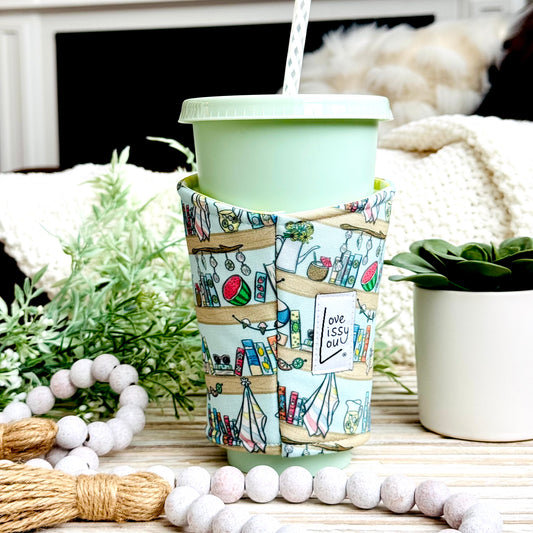 Summer Bookshelf Iced Coffee Cozy | Handmade Reusable Cup Sleeve