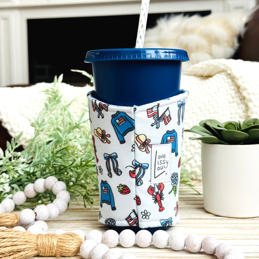 Coastal Americana Iced Coffee Cozy | Handmade Reusable Cup Sleeve