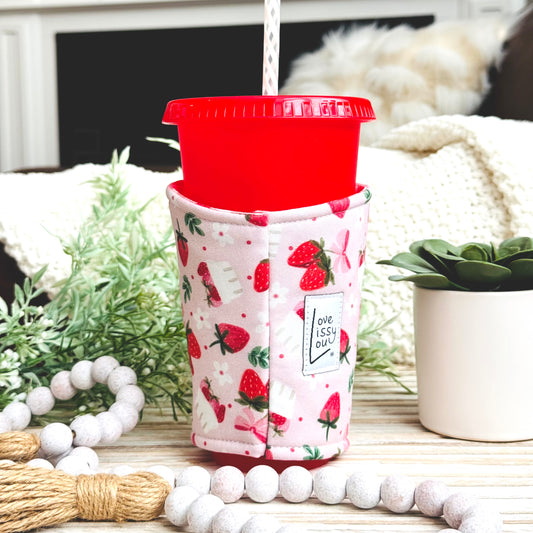Strawberry Picking Iced Coffee Cozy | Handmade Reusable Cup Sleeve