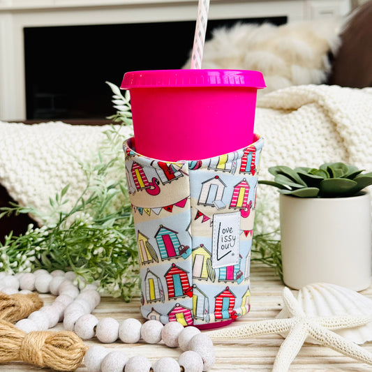 Beach Hut Iced Coffee Cozy | Handmade Reusable Cup Sleeve
