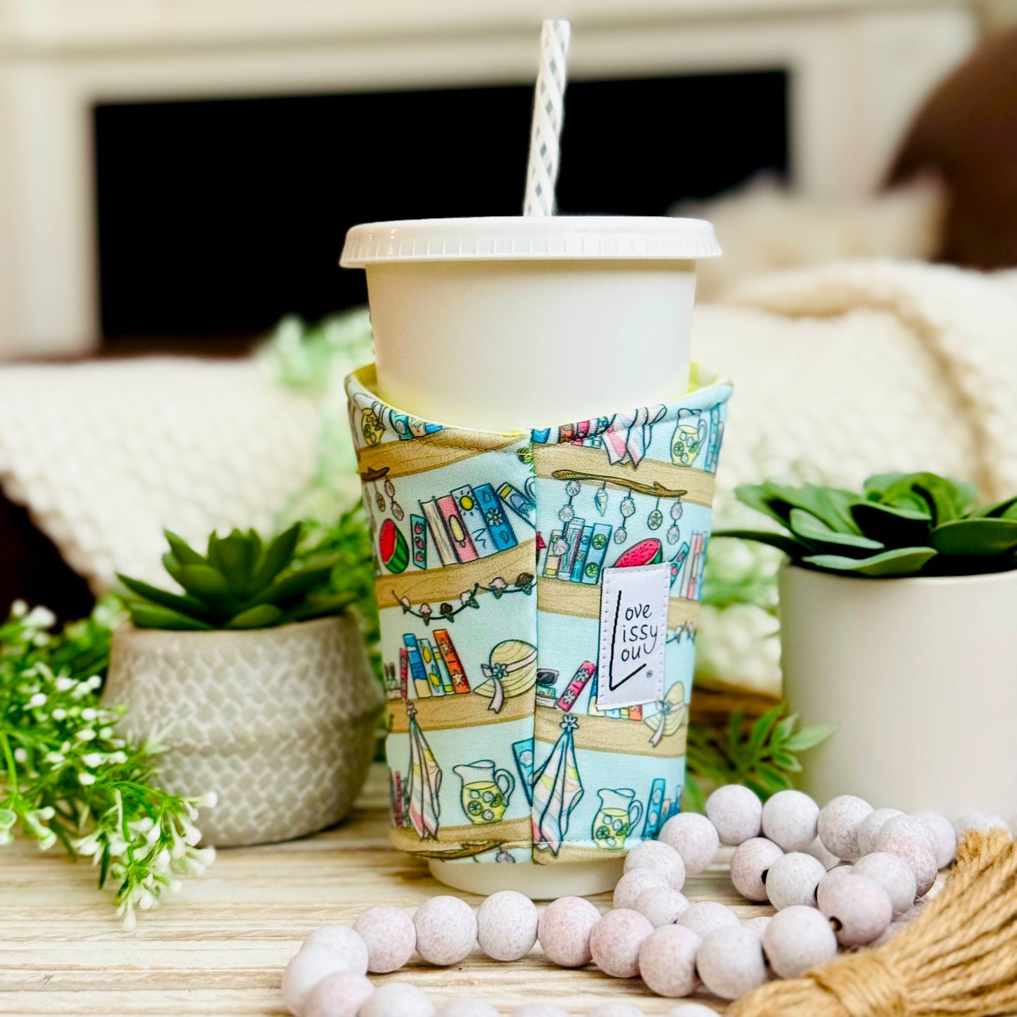 Beachy Bookshelf | Handmade Reusable Cup Sleeve