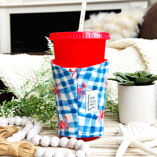 Red Crabs Iced Coffee Cozy | Handmade Reusable Cup Sleeve