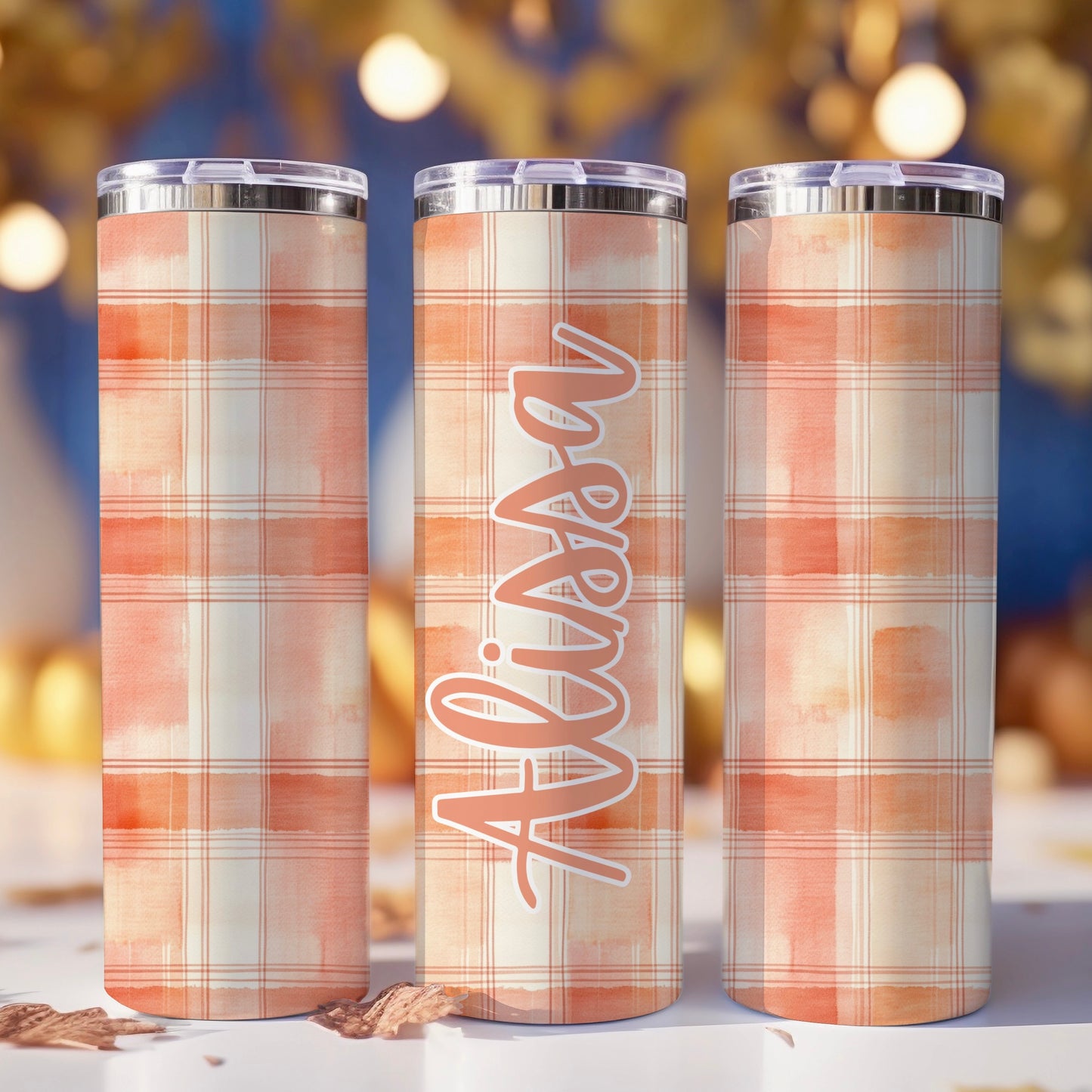 Watercolor Peach Plaid | Skinny Tumbler | Free Shipping + Personalization