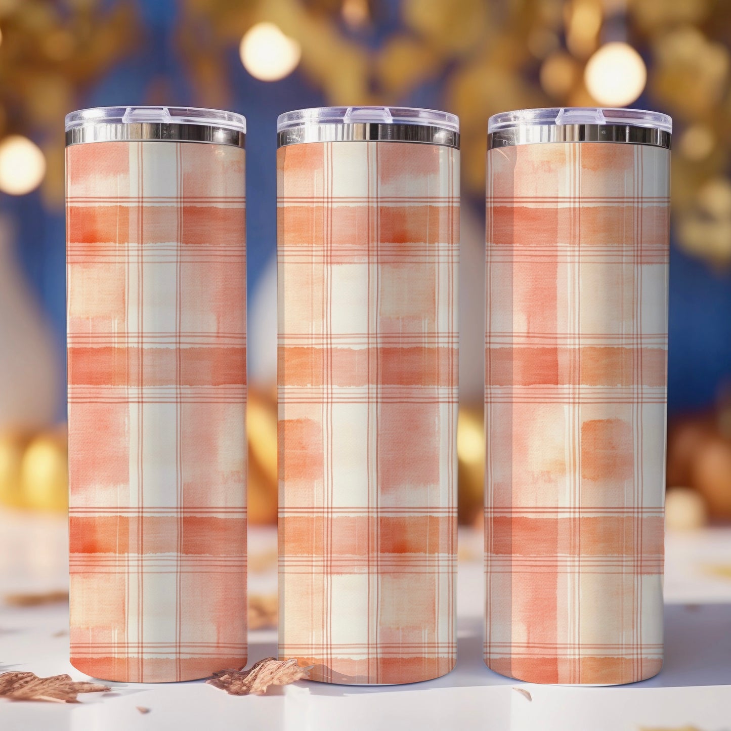 Watercolor Peach Plaid | Skinny Tumbler | Free Shipping + Personalization