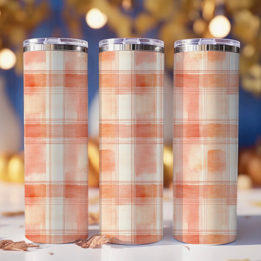 Watercolor Peach Plaid Skinny Tumbler | Free Shipping